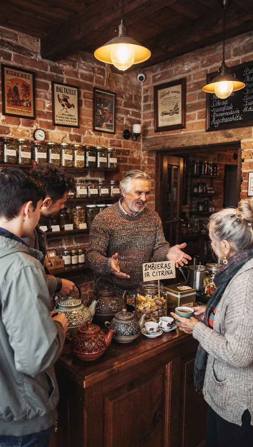 Moteris skaito botanikos arbatos vadovą, ieškodama informacijos apie skonį ir aromatą.