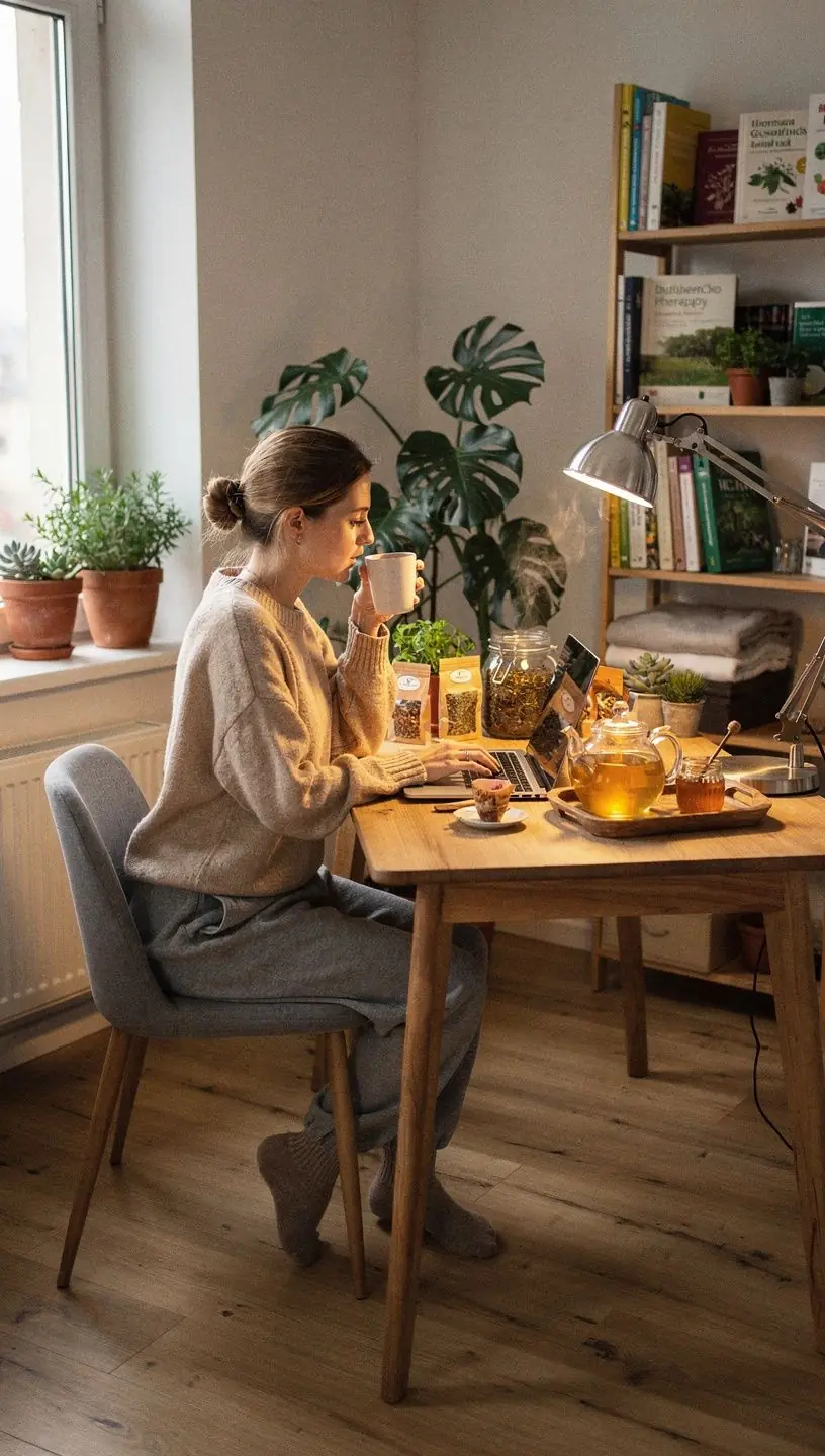 Rami namų aplinka su žvakėmis ir augalinės arbatos puodeliu ant stalo, skatinanti poilsį.
