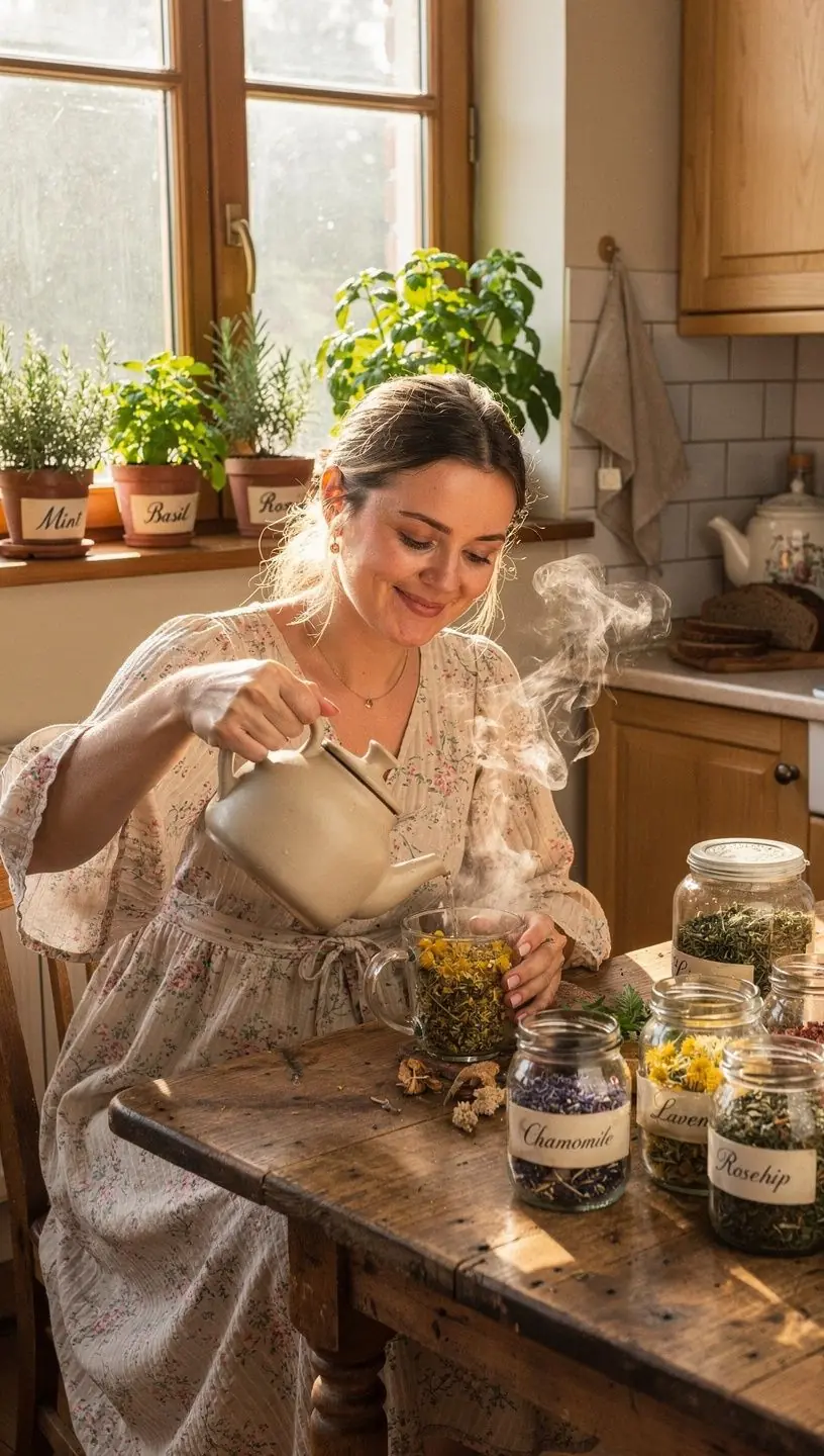 Šviežiai surinkti vaistažolių lapai ir žiedai ant medinio stalo, paruošti arbatai.